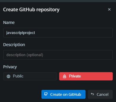 Create GitHub repo prompt in Codevre Git tool
