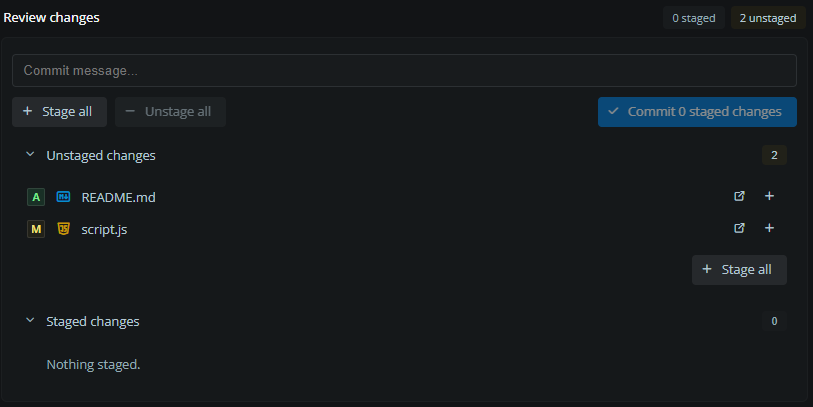 Unstaged changes show M for script.js and A for README.md