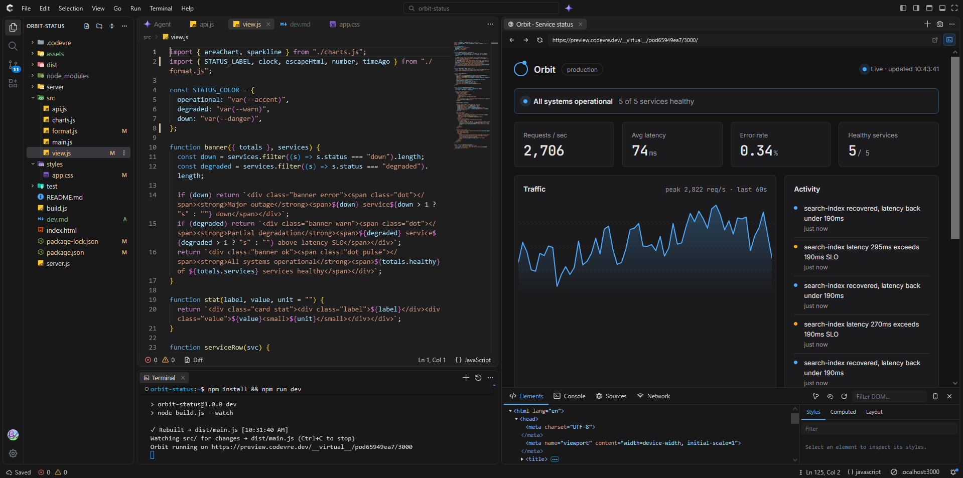 The Codevre IDE with the file explorer, code editor, terminal and a live browser preview of a running app